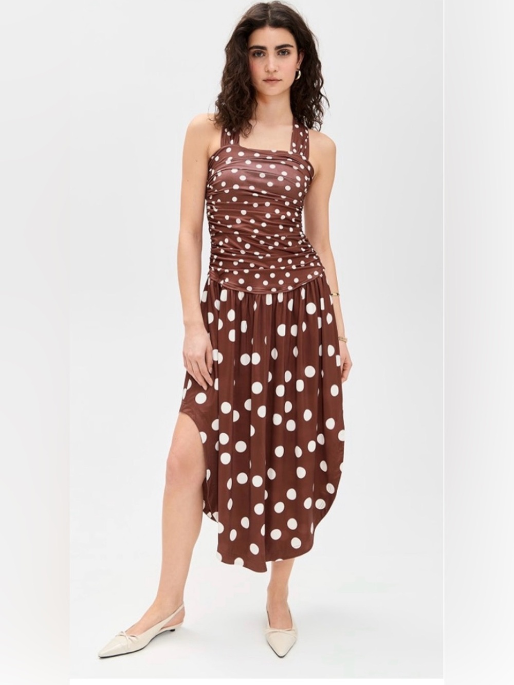 NEW FREE PEOPLE CHOCOLATE BROWN WHITE POLKA DOT RAYLON MIDI DRESS SZ XS